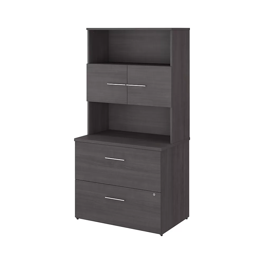 Bush Business Furniture Office 500 2-Drawer Lateral File Cabinet with Hutch, Locking, Letter/Legal, (OF5007SGSU) Storm Gray New