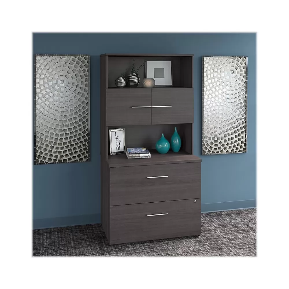 Bush Business Furniture Office 500 2-Drawer Lateral File Cabinet with Hutch, Locking, Letter/Legal, (OF5007SGSU) Storm Gray New