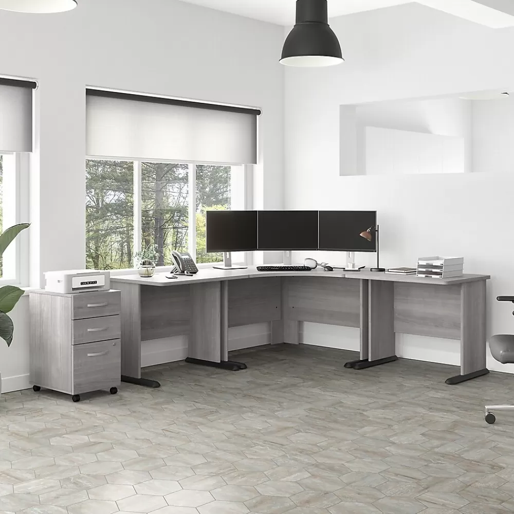 Bush Business Furniture Studio A 83"W Large Corner Desk with 3 Drawer Mobile File Cabinet, (STA003PGSU) Platinum Gray Clearance