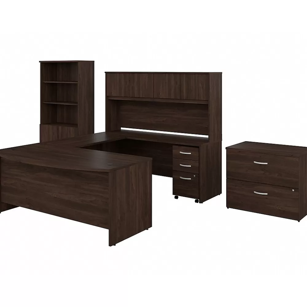 Bush Business Furniture Studio C 72"W U Shaped Desk with Hutch, Bookcase and File Cabinets, (STC001BWSU) Black Walnut Outlet