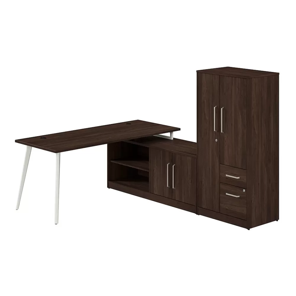 Bush Business Furniture Vista 72"W L Shaped Desk with Low Storage Cabinet and Wardrobe, Black Walnut (VST009BW) New