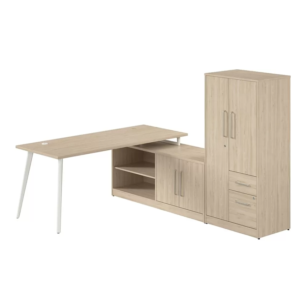 Bush Business Furniture Vista 72"W L Shaped Desk with Low Storage Cabinet and Wardrobe, Natural Elm (VST009NE) Best