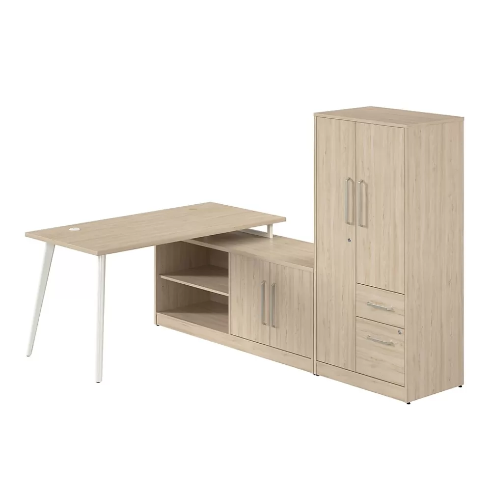 Bush Business Furniture Vista 60"W L Shaped Desk with Low Storage Cabinet and Wardrobe, Natural Elm (VST010NE) Store