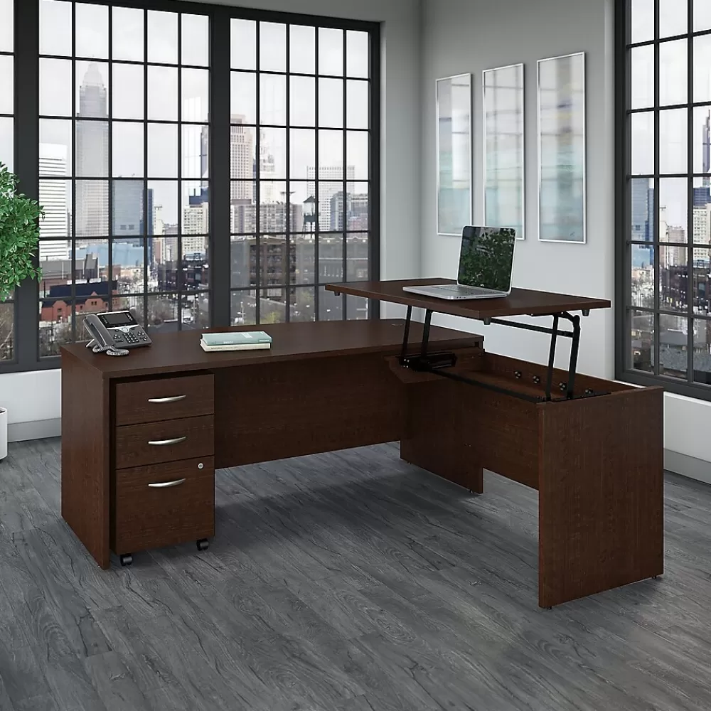 Bush Business Furniture Westfield 72"W 3 Position Bow Front Sit to Stand L Desk w/ File Cabinet, (SRC126MRSU) Mocha Cherry Flash Sale