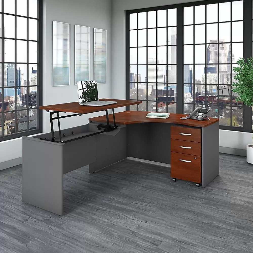 Bush Business Furniture Westfield 60"W Left Hand 3 Position Sit to Stand L Desk w/ File Cabinet, Hansen Cherry (SRC127HCSU) Hansen Cherry/Graphite Fashion