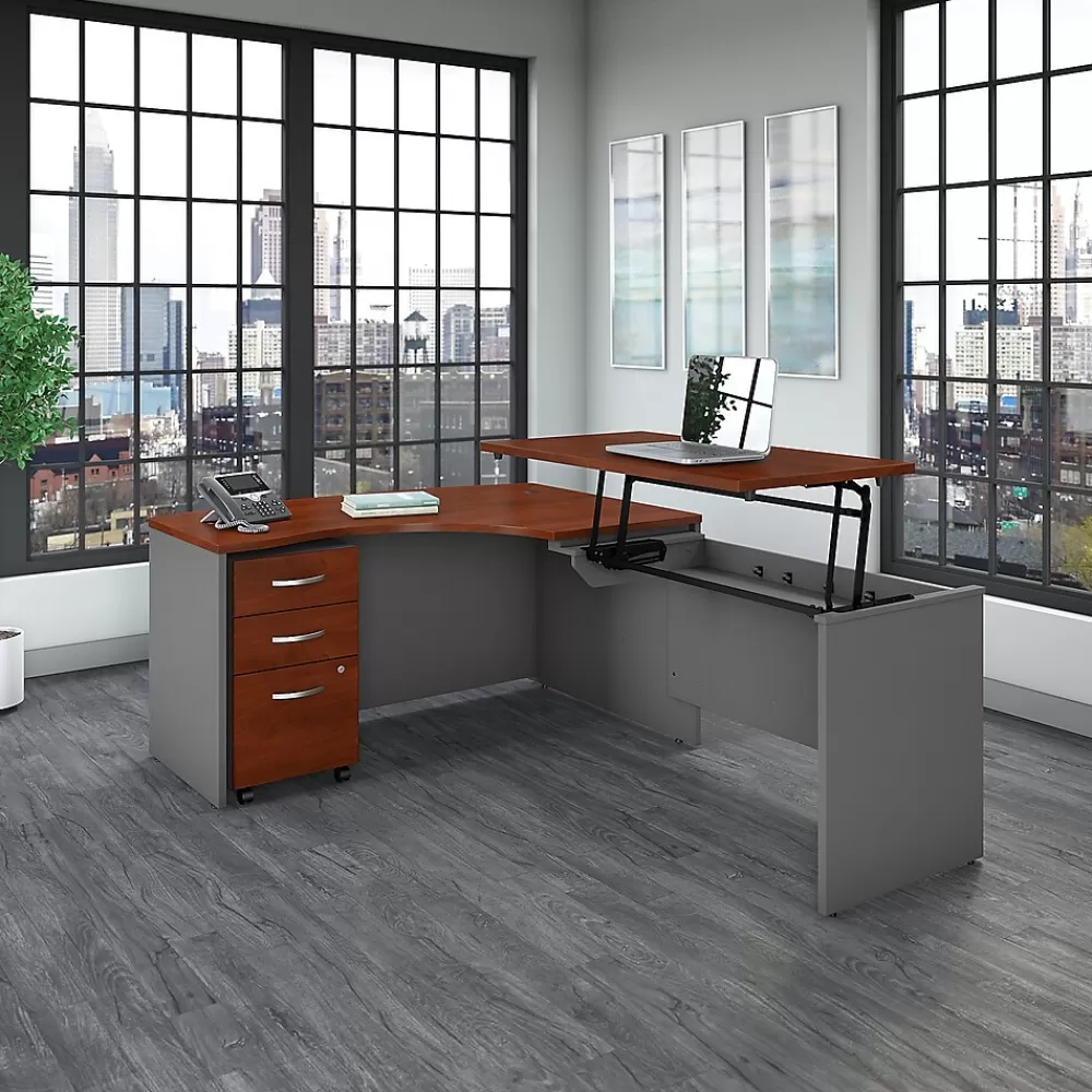 Bush Business Furniture Westfield 60"W Right Hand 3 Position Sit to Stand L Desk w File Cabinet, Hansen Cherry (SRC128HCSU) Best