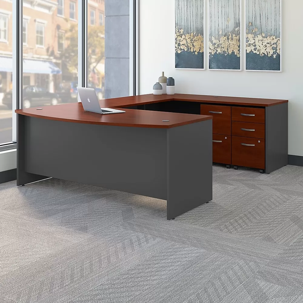 Bush Business Furniture Westfield 72W x 36D Bow Front U Shaped Desk w/ Mobile File Cabinets, Hansen Cherry (SRC043HCSU) Flash Sale
