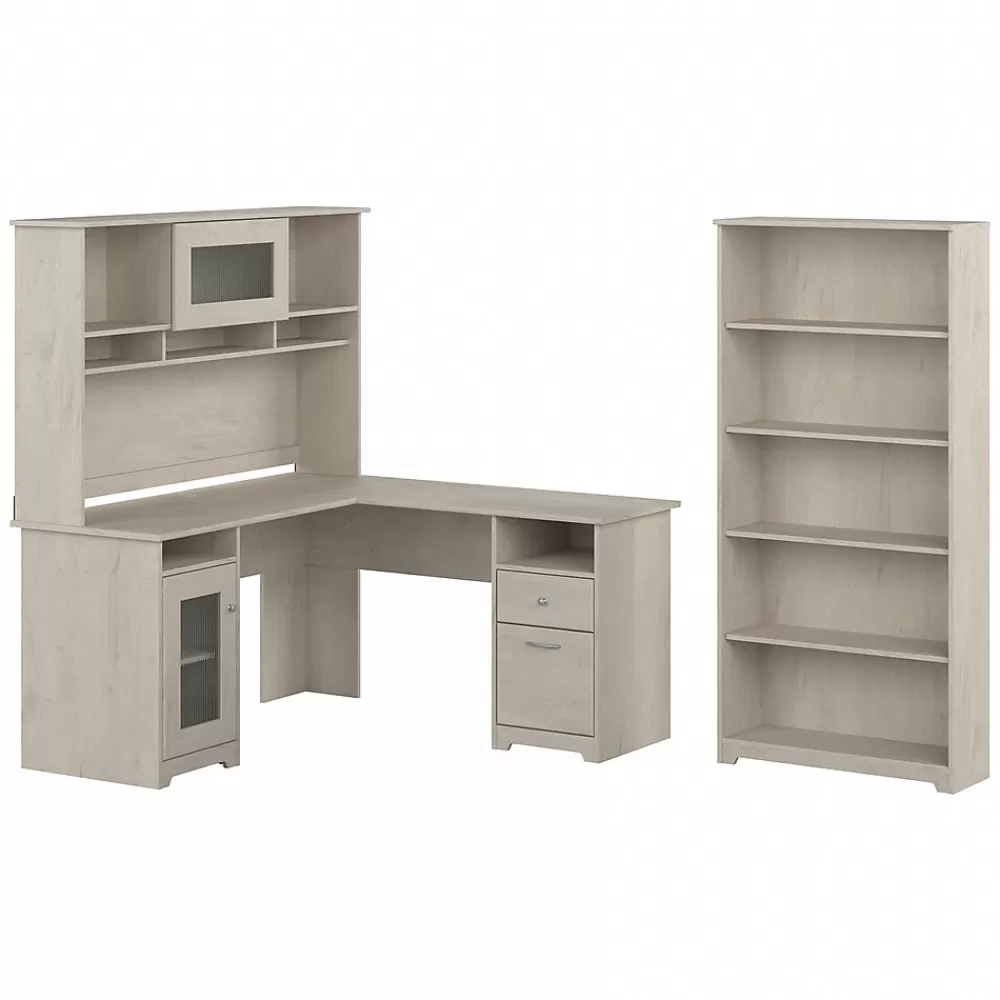 Bush Furniture Cabot 60" L-Shaped Desk with Hutch and 5-Shelf Bookcase, (CAB011LW) Linen White Oak Cheap