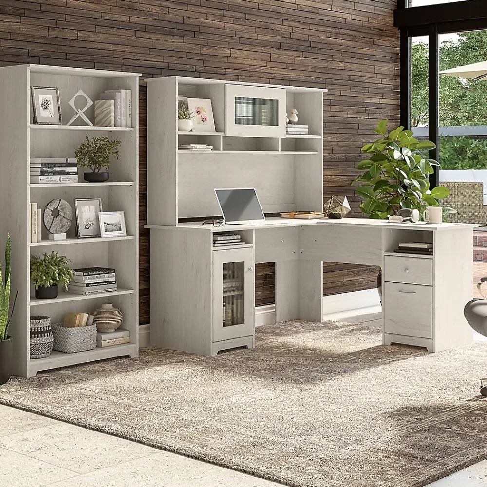 Bush Furniture Cabot 60" L-Shaped Desk with Hutch and 5-Shelf Bookcase, (CAB011LW) Linen White Oak Cheap