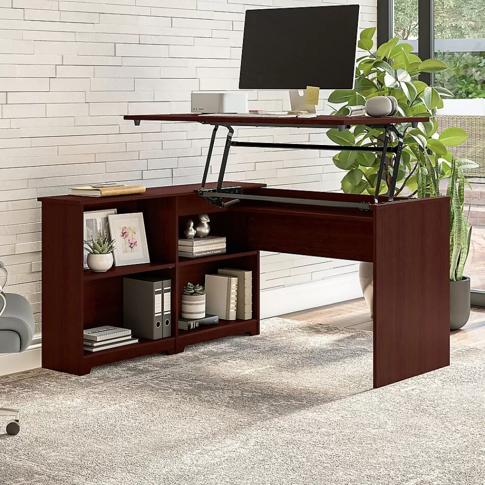 Bush Furniture Cabot 52"W 3 Position Sit to Stand Corner Bookshelf Desk, Harvest Cherry (WC31416) Cheap