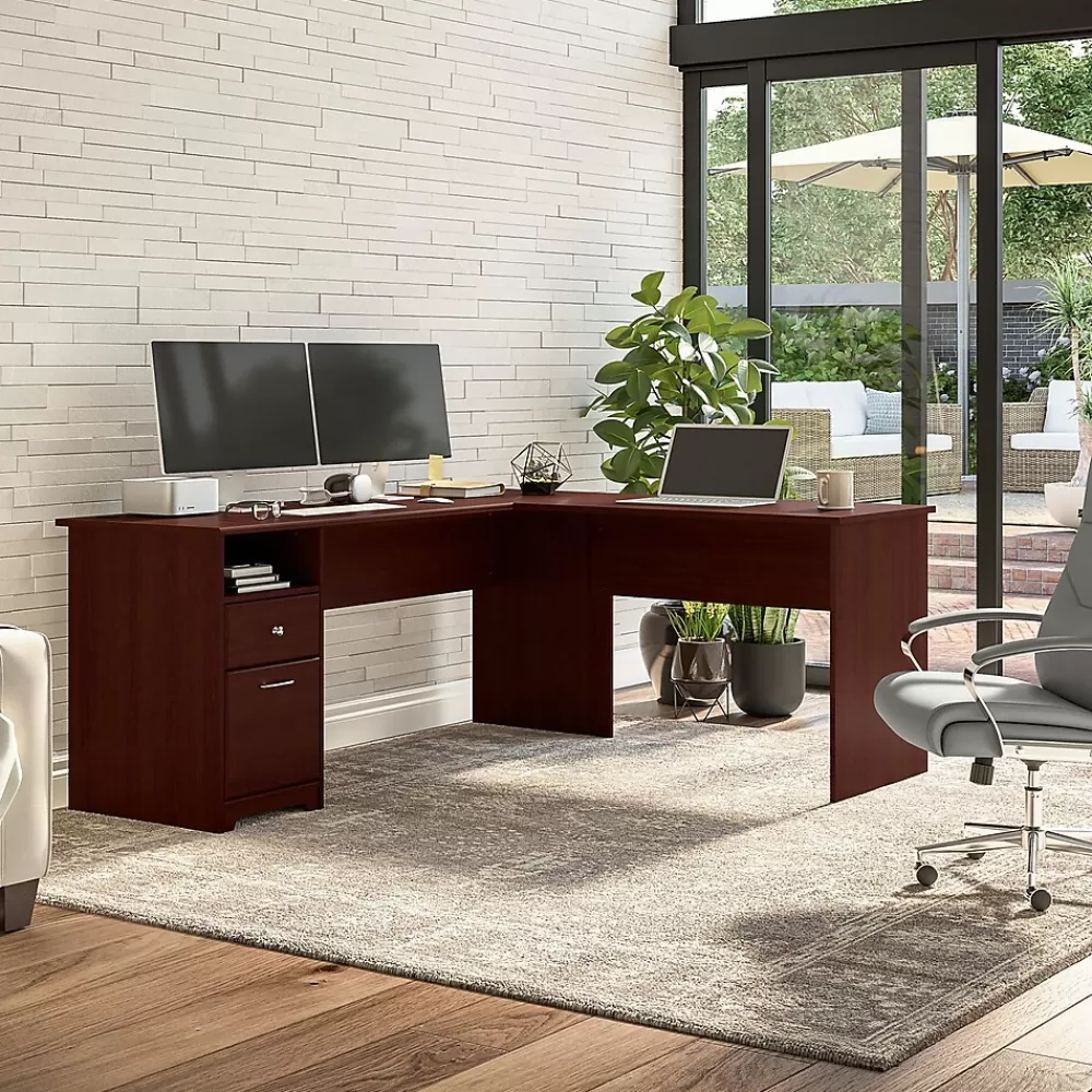Bush Furniture Cabot 72"W L Shaped Computer Desk with Drawers, (CAB051HVC) Harvest Cherry Clearance