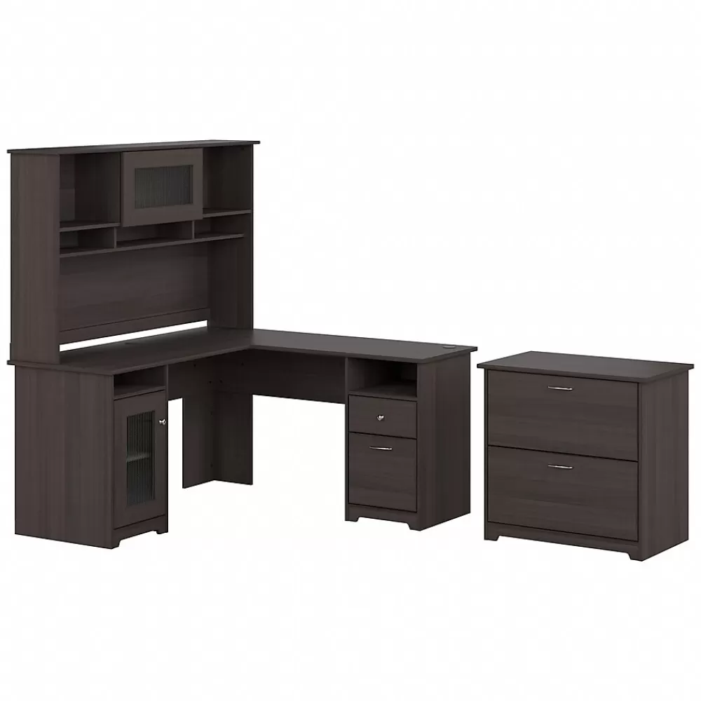 Bush Furniture Cabot 60"W L Shaped Computer Desk with Hutch and Lateral File Cabinet, Heather Gray (CAB005HRG) Outlet