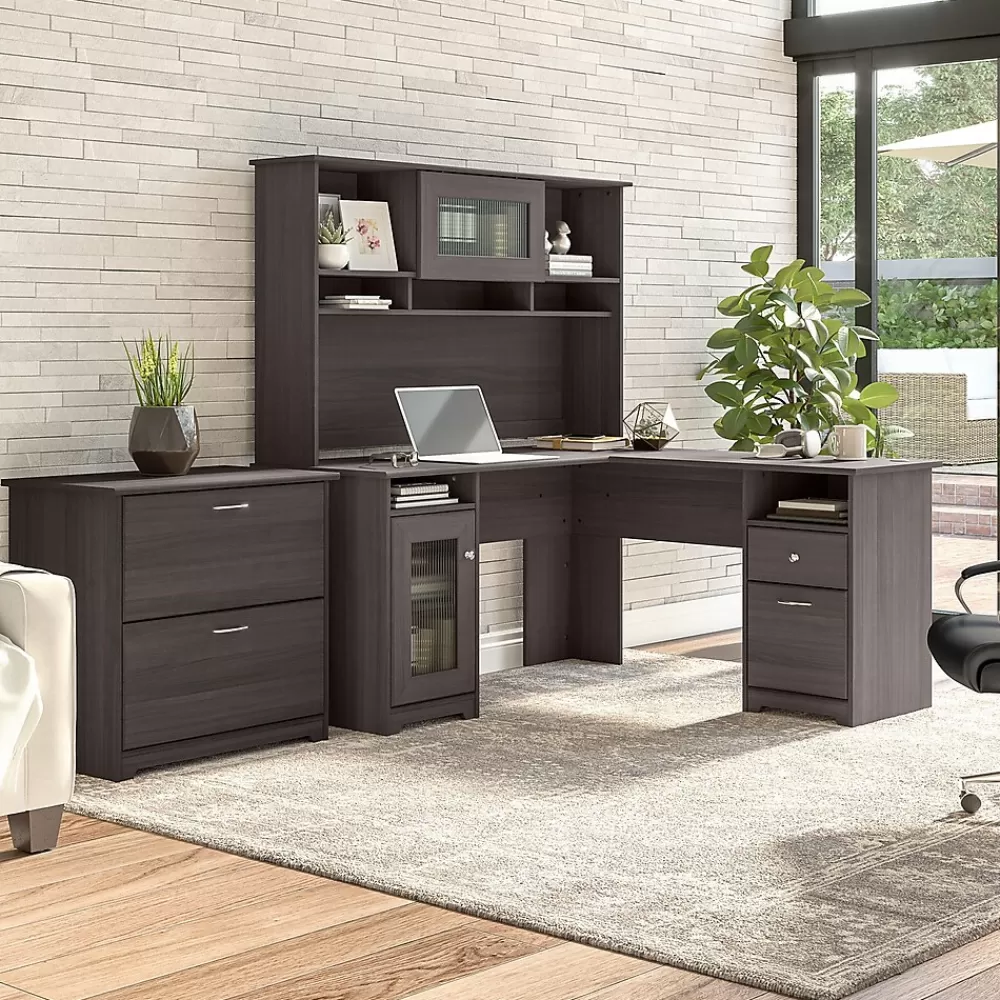 Bush Furniture Cabot 60"W L Shaped Computer Desk with Hutch and Lateral File Cabinet, Heather Gray (CAB005HRG) Outlet