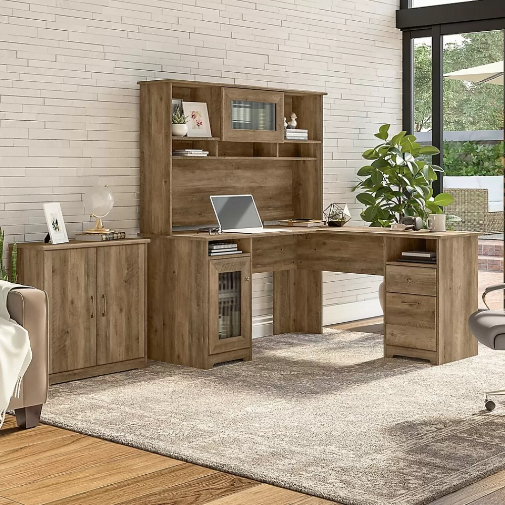 Bush Furniture Cabot 60"W L Shaped Computer Desk with Hutch and Small Storage Cabinet, Reclaimed Pine (CAB016RCP) Sale