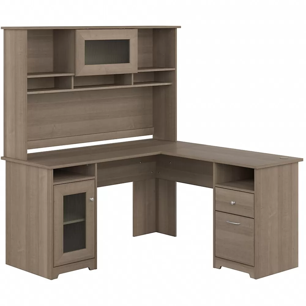 Bush Furniture Cabot 60"W L Shaped Computer Desk with Hutch and Storage, (CAB001AG) Ash Gray New
