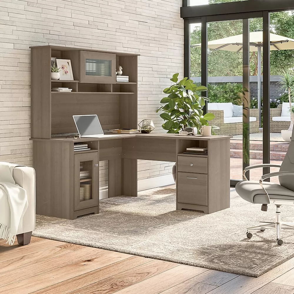 Bush Furniture Cabot 60"W L Shaped Computer Desk with Hutch and Storage, (CAB001AG) Ash Gray New