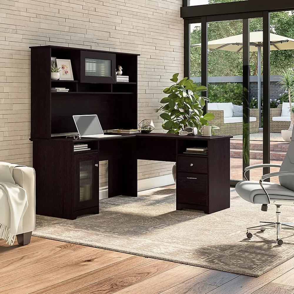 Bush Furniture Cabot 60"W L Shaped Computer Desk with Hutch and Storage, (CAB001EPO) Espresso Oak Sale