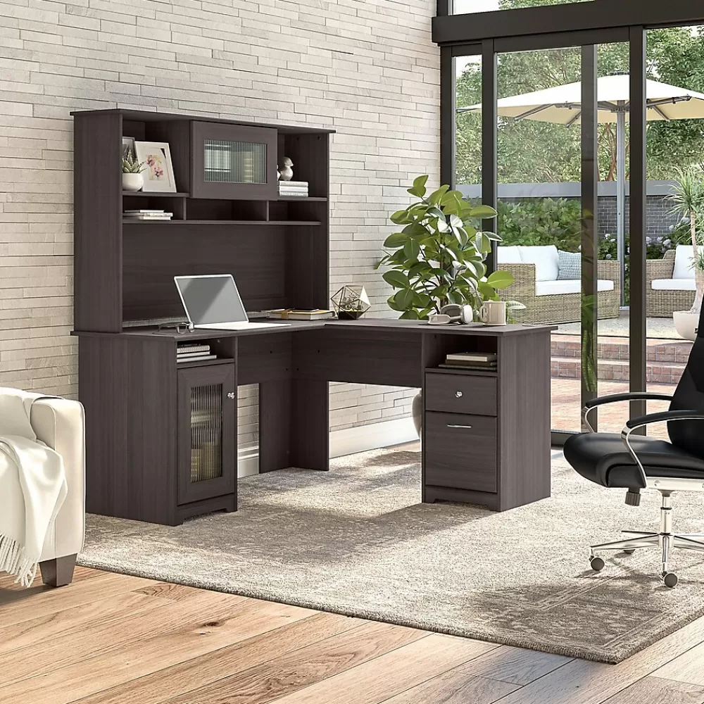 Bush Furniture Cabot 60"W L Shaped Computer Desk with Hutch and Storage, (CAB001HRG) Heather Gray New