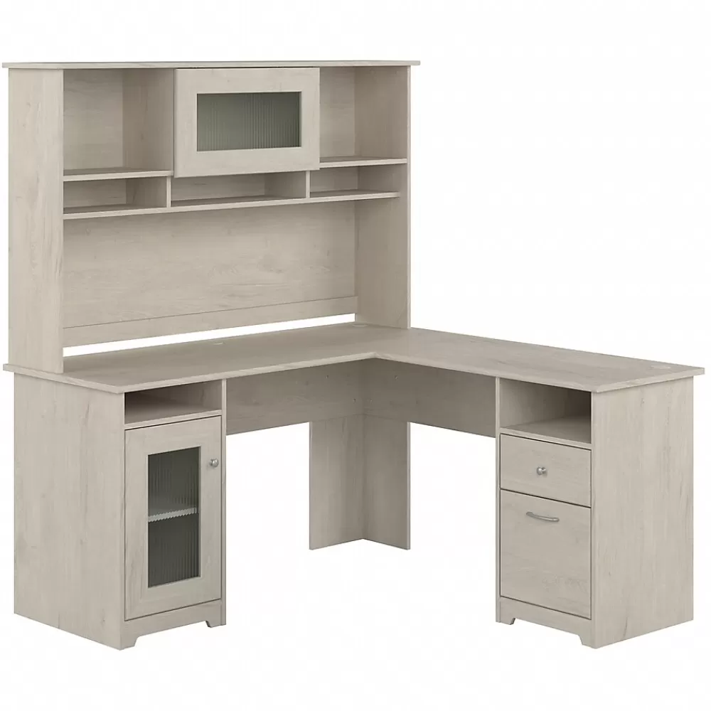 Bush Furniture Cabot 60"W L Shaped Computer Desk with Hutch and Storage, (CAB001LW) Linen White Oak New
