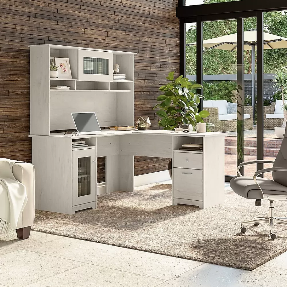 Bush Furniture Cabot 60"W L Shaped Computer Desk with Hutch and Storage, (CAB001LW) Linen White Oak New