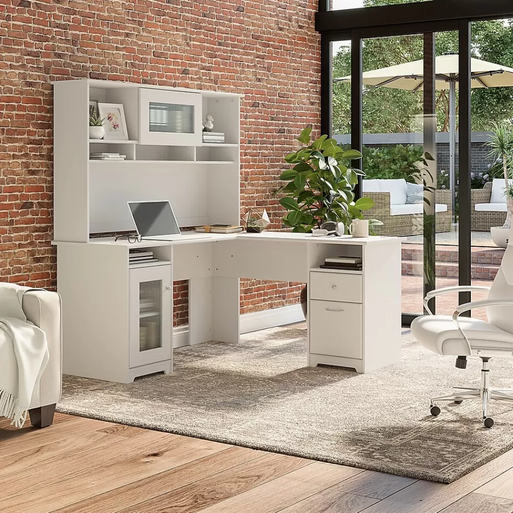 Bush Furniture Cabot 60"W L Shaped Computer Desk with Hutch and Storage, (CAB001WHN) White Flash Sale