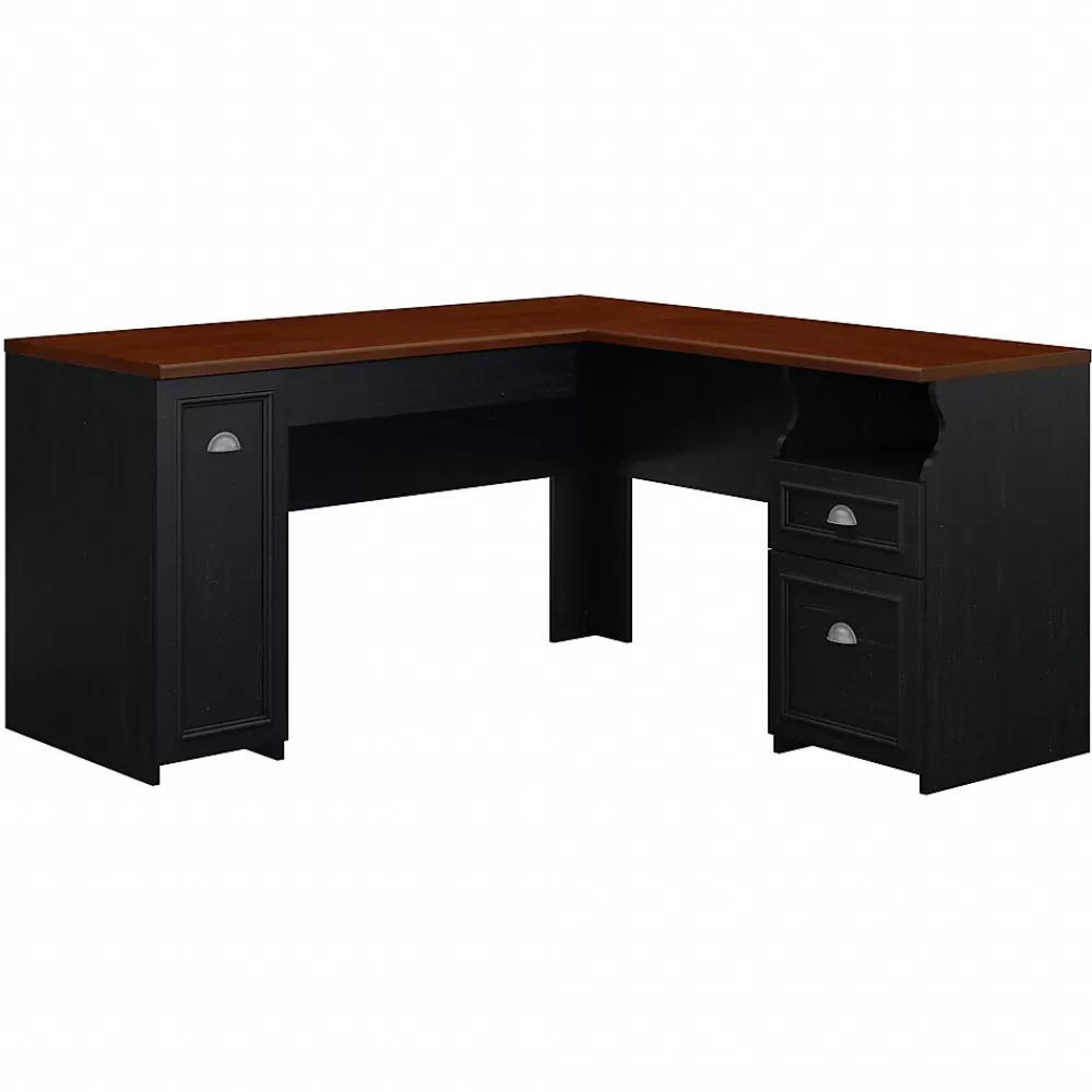 Bush Furniture Fairview 60"W L Shaped Desk with Drawers and Storage Cabinet, (WC53930-03K) Antique Black/Hansen Cherry Discount