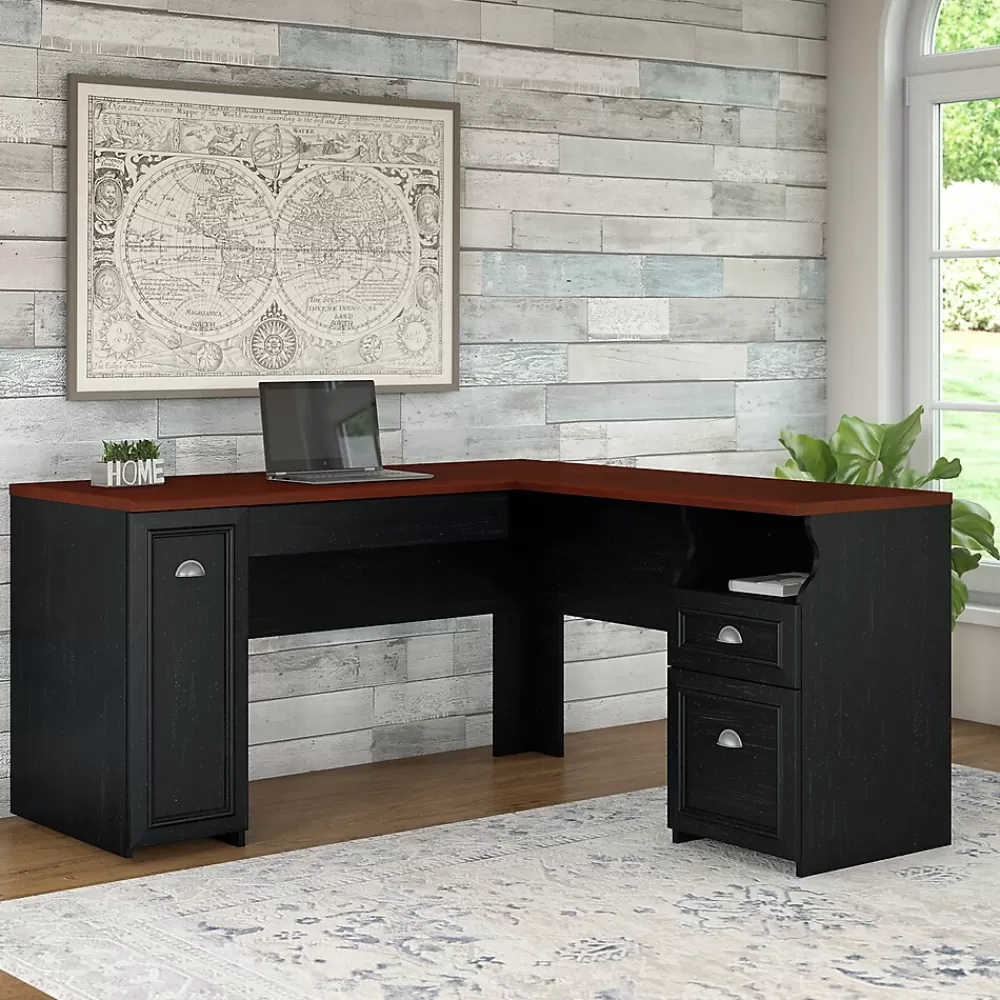 Bush Furniture Fairview 60"W L Shaped Desk with Drawers and Storage Cabinet, (WC53930-03K) Antique Black/Hansen Cherry Discount