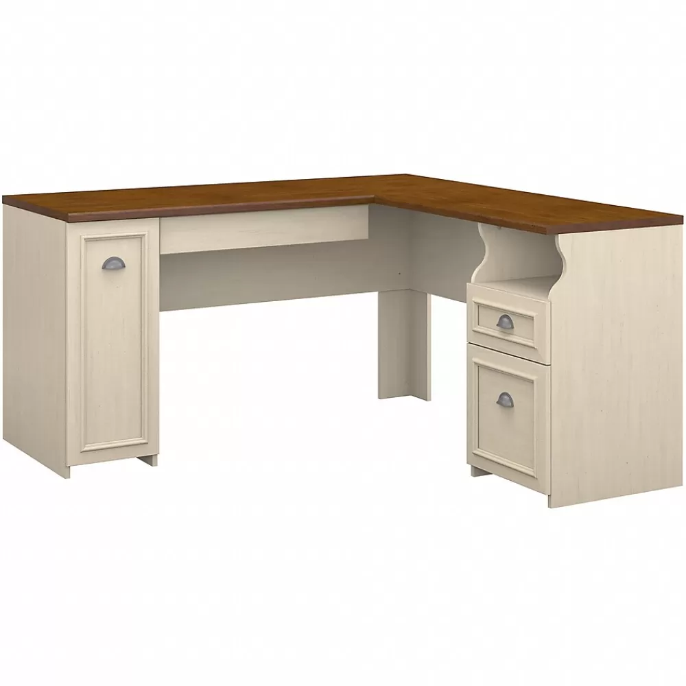 Bush Furniture Fairview 60"W L Shaped Desk with Drawers and Storage Cabinet, (WC53230-03K) Antique White/Tea Maple Outlet