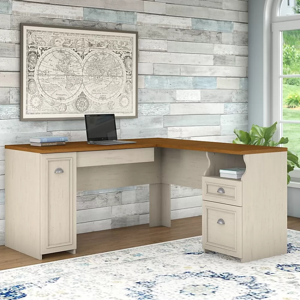 Bush Furniture Fairview 60"W L Shaped Desk with Drawers and Storage Cabinet, (WC53230-03K) Antique White/Tea Maple Outlet