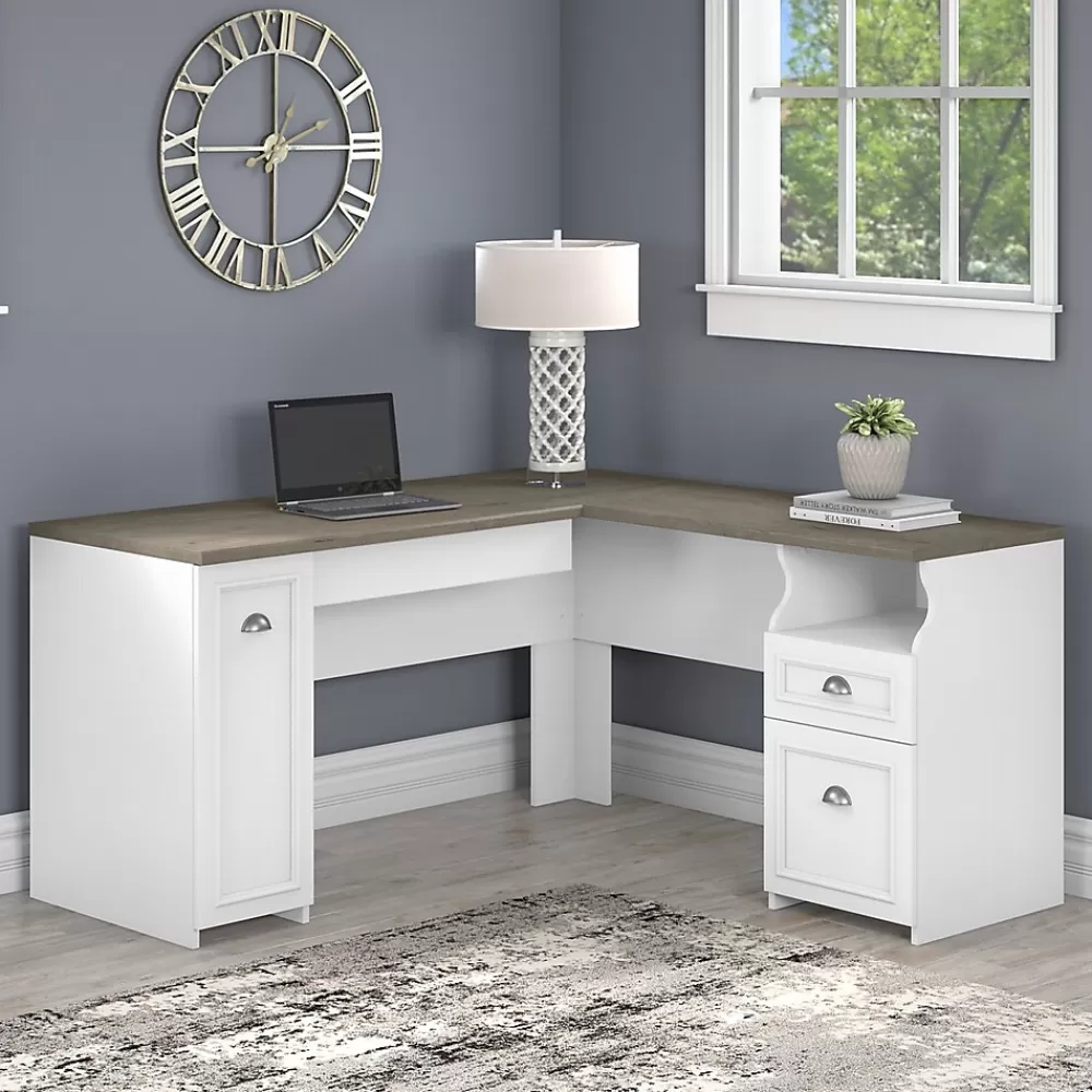 Bush Furniture Fairview 60"W L Shaped Desk with Drawers and Storage Cabinet, (WC53630-03K) Shiplap Gray/Pure White Best