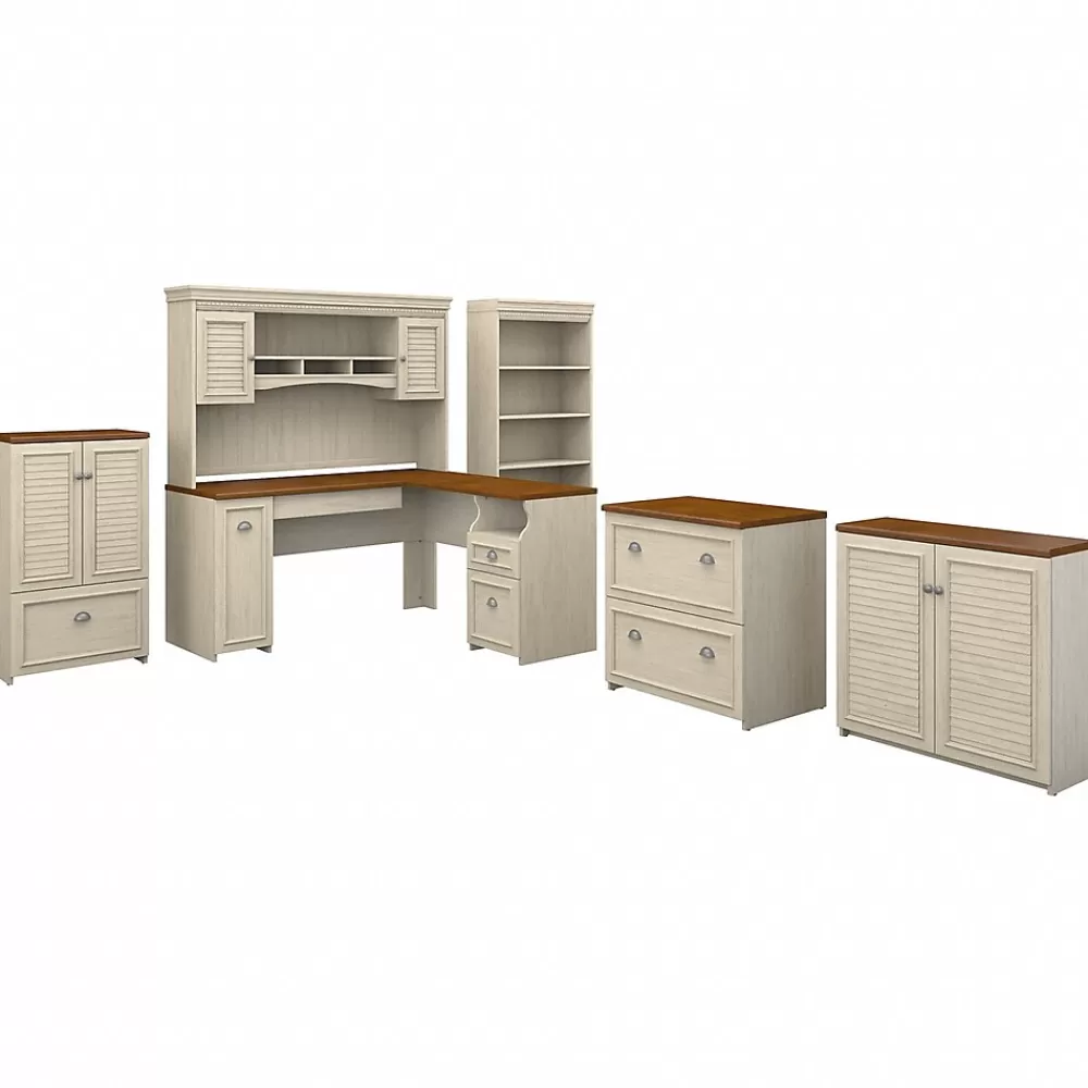 Bush Furniture Fairview 60"W L Shaped Desk with Hutch, Bookcase, Storage and File Cabinets, (FV014AW) Antique White/Tea Maple Cheap