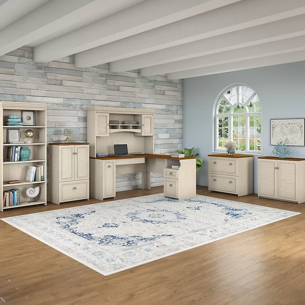 Bush Furniture Fairview 60"W L Shaped Desk with Hutch, Bookcase, Storage and File Cabinets, (FV014AW) Antique White/Tea Maple Cheap