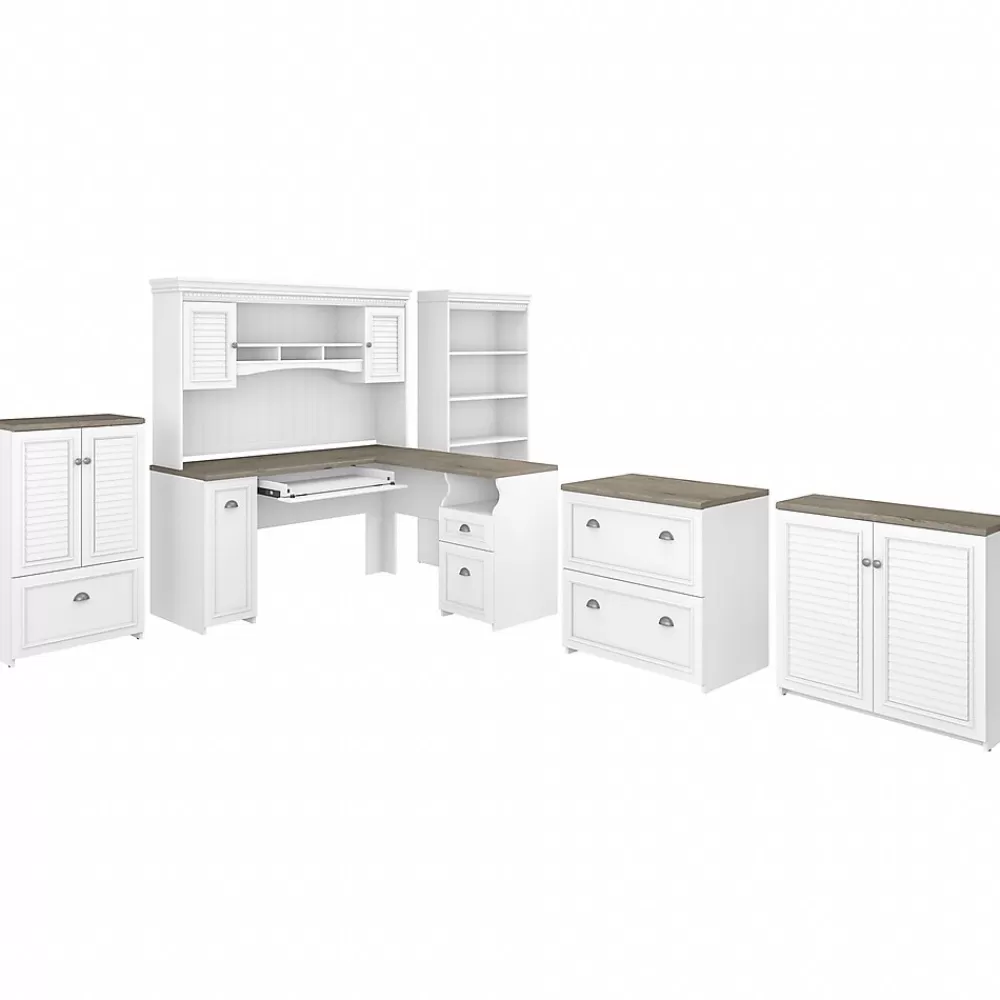 Bush Furniture Fairview 60"W L Shaped Desk with Hutch, Bookcase, Storage and File Cabinets, (FV014G2W) Shiplap Gray/Pure White Outlet