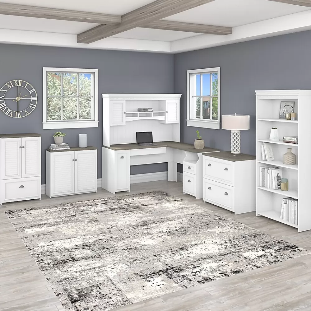 Bush Furniture Fairview 60"W L Shaped Desk with Hutch, Bookcase, Storage and File Cabinets, (FV014G2W) Shiplap Gray/Pure White Outlet