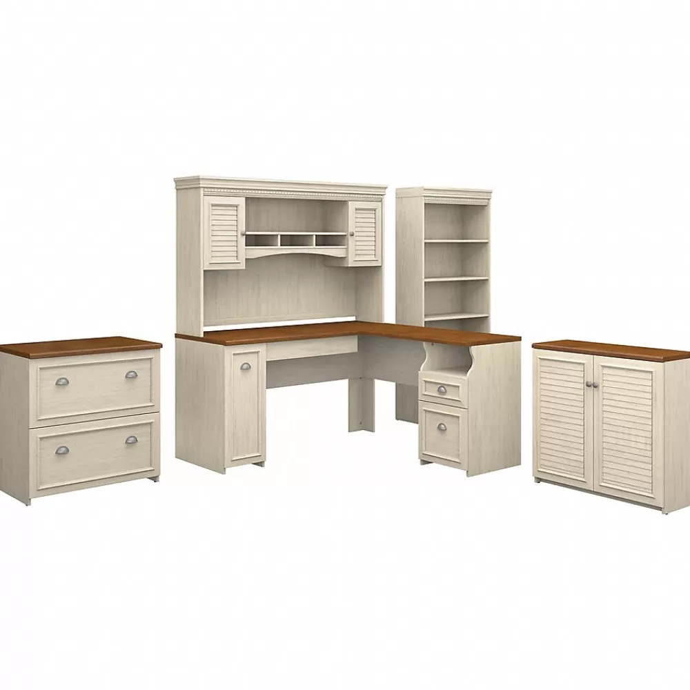 Bush Furniture Fairview 60"W L Shaped Desk with Hutch, File Cabinet, Bookcase and Storage, Antique White/Tea Maple (FV013AW) Flash Sale