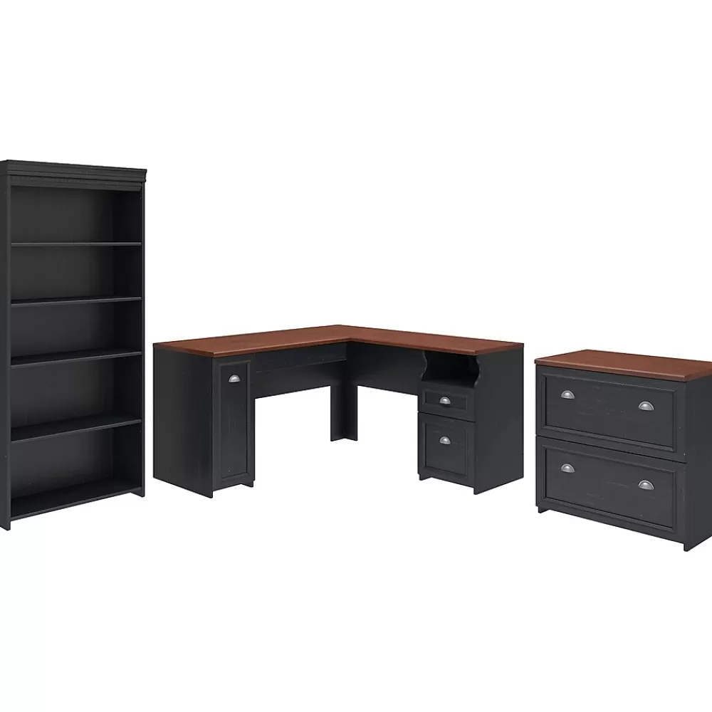 Bush Furniture Fairview 60"W L Shaped Desk with Lateral File Cabinet and 5 Shelf Bookcase, Antique Black (FV008AB) Antique Black/Hansen Cherry Fashion