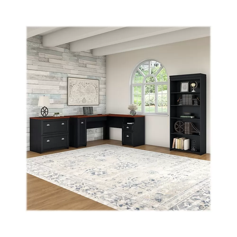 Bush Furniture Fairview 60"W L Shaped Desk with Lateral File Cabinet and 5 Shelf Bookcase, Antique Black (FV008AB) Antique Black/Hansen Cherry Fashion