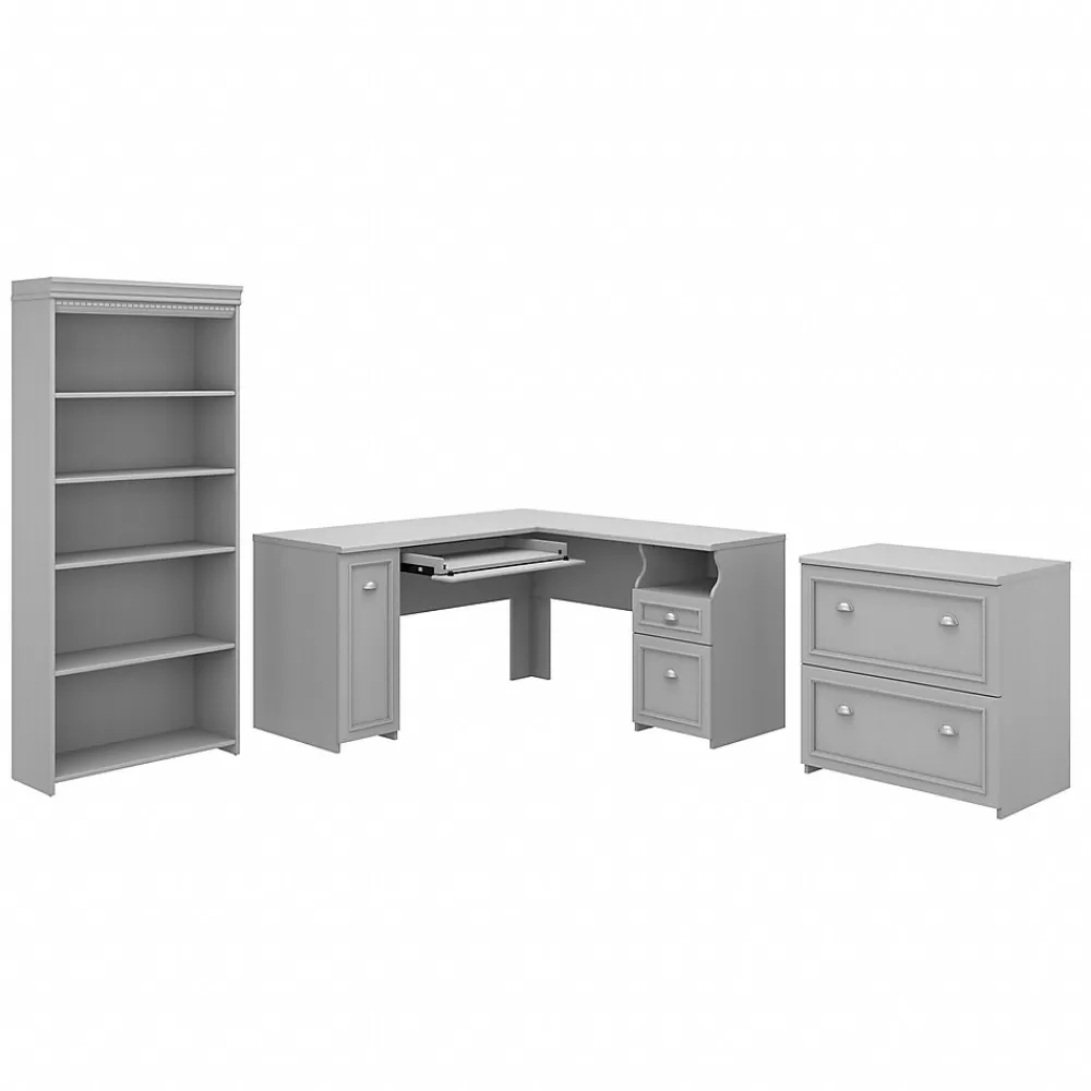 Bush Furniture Fairview 60"W L Shaped Desk with Lateral File Cabinet and 5 Shelf Bookcase, (FV008CG) Cape Cod Gray Cheap