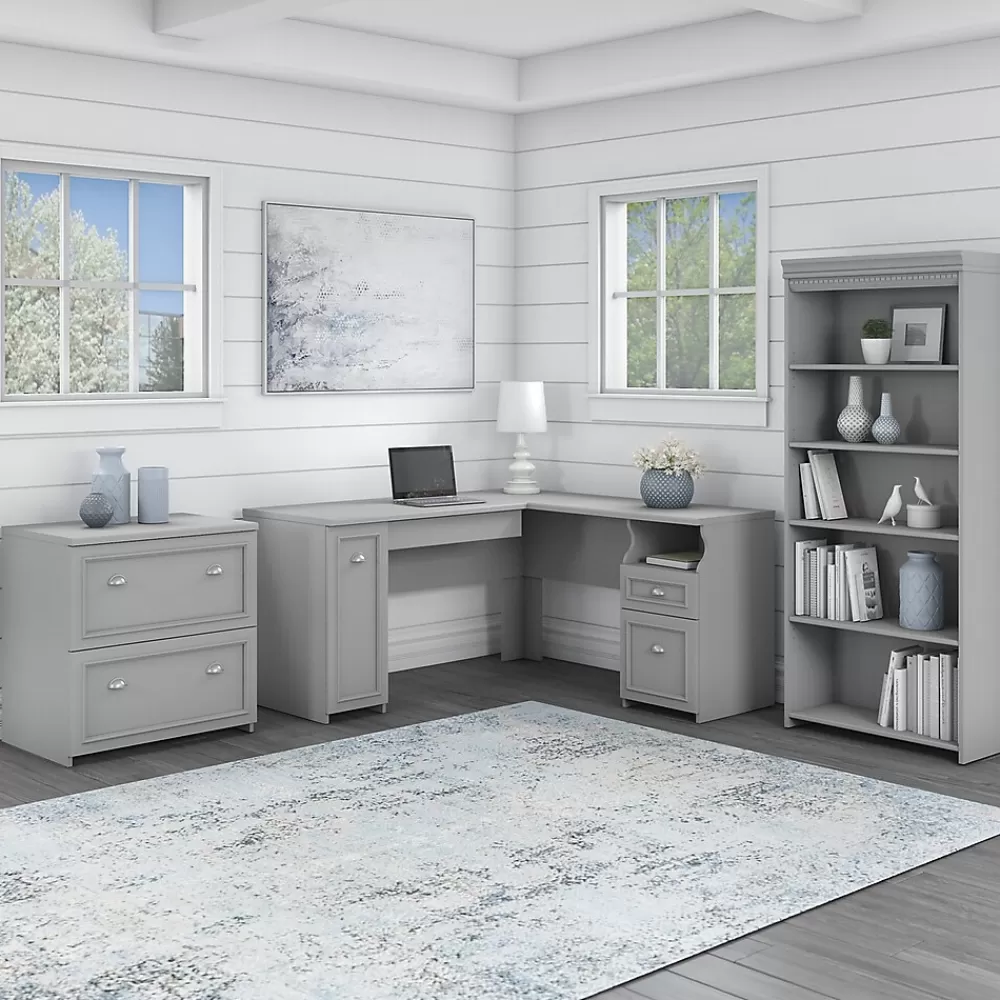 Bush Furniture Fairview 60"W L Shaped Desk with Lateral File Cabinet and 5 Shelf Bookcase, (FV008CG) Cape Cod Gray Cheap