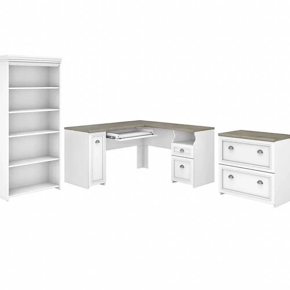 Bush Furniture Fairview 60"W L Shaped Desk with Lateral File Cabinet and 5 Shelf Bookcase, (FV008G2W) Shiplap Gray/Pure White Online