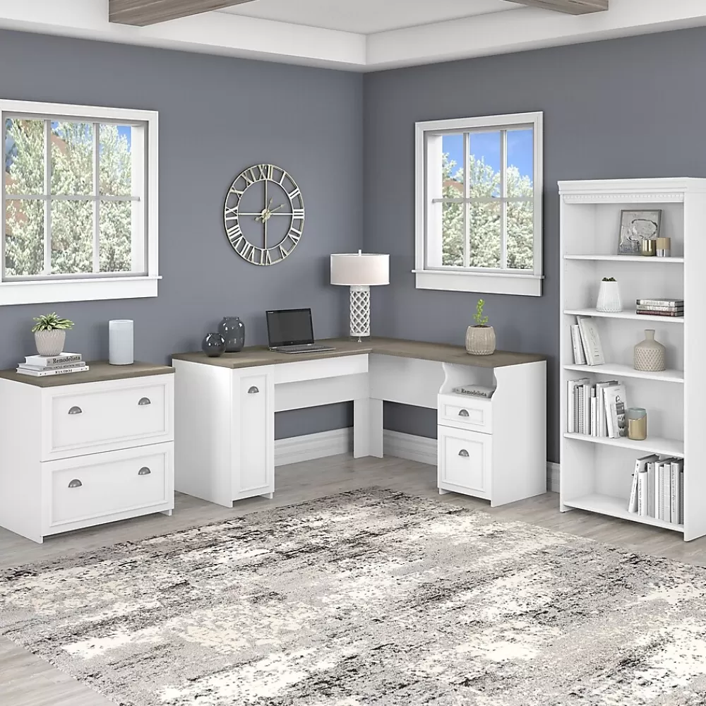 Bush Furniture Fairview 60"W L Shaped Desk with Lateral File Cabinet and 5 Shelf Bookcase, (FV008G2W) Shiplap Gray/Pure White Online