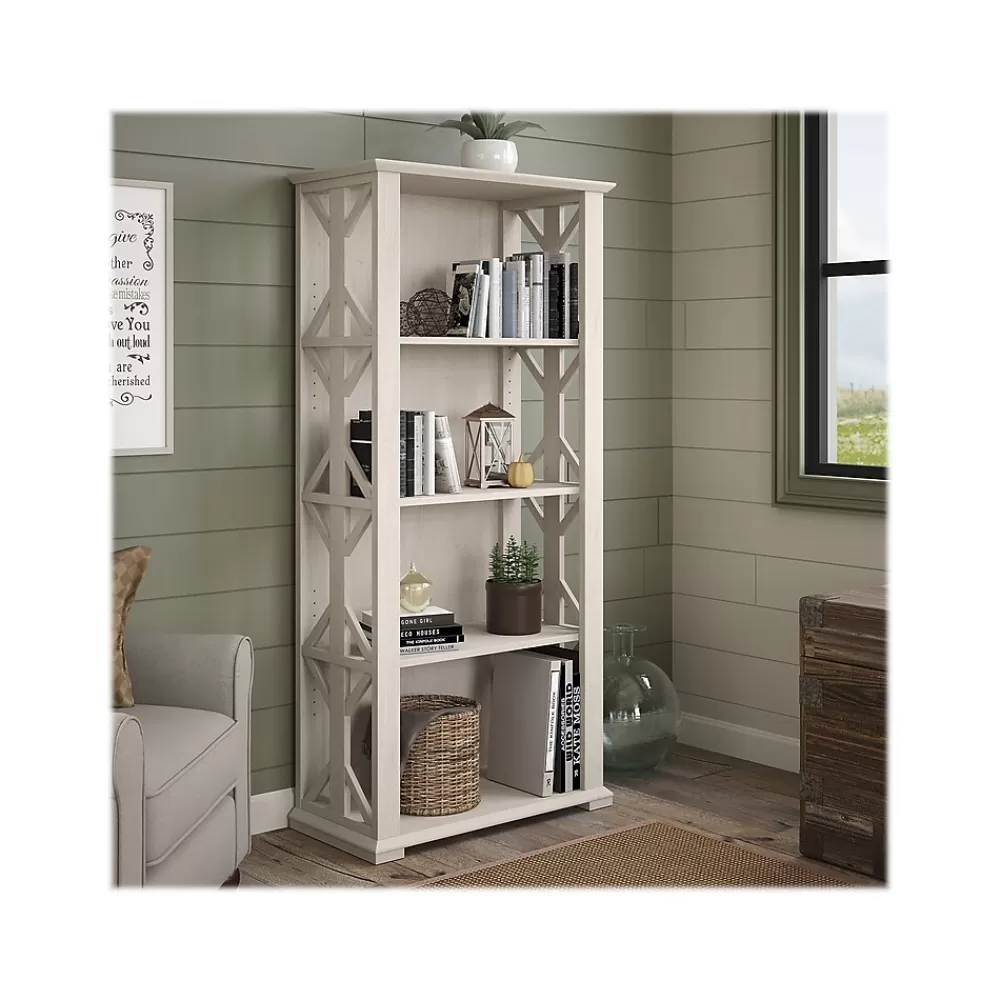 Bush Furniture Homestead 66.3"H 4-Shelf Bookcase with Adjustable Shelves, Linen White Oak Laminated Wood (HOB166LW-03) Flash Sale