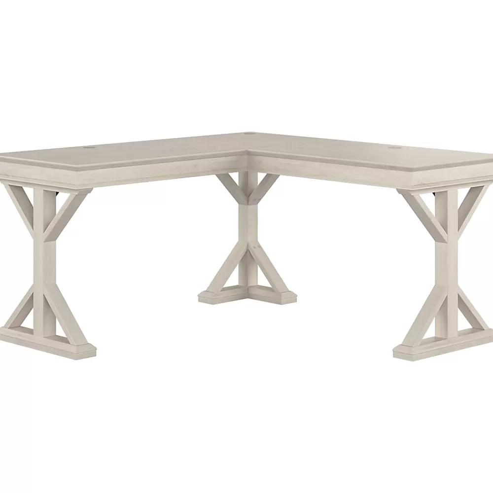 Bush Furniture Homestead 60"W Farmhouse L Shaped Desk, Linen White Oak (HOD160LW-03K) Clearance
