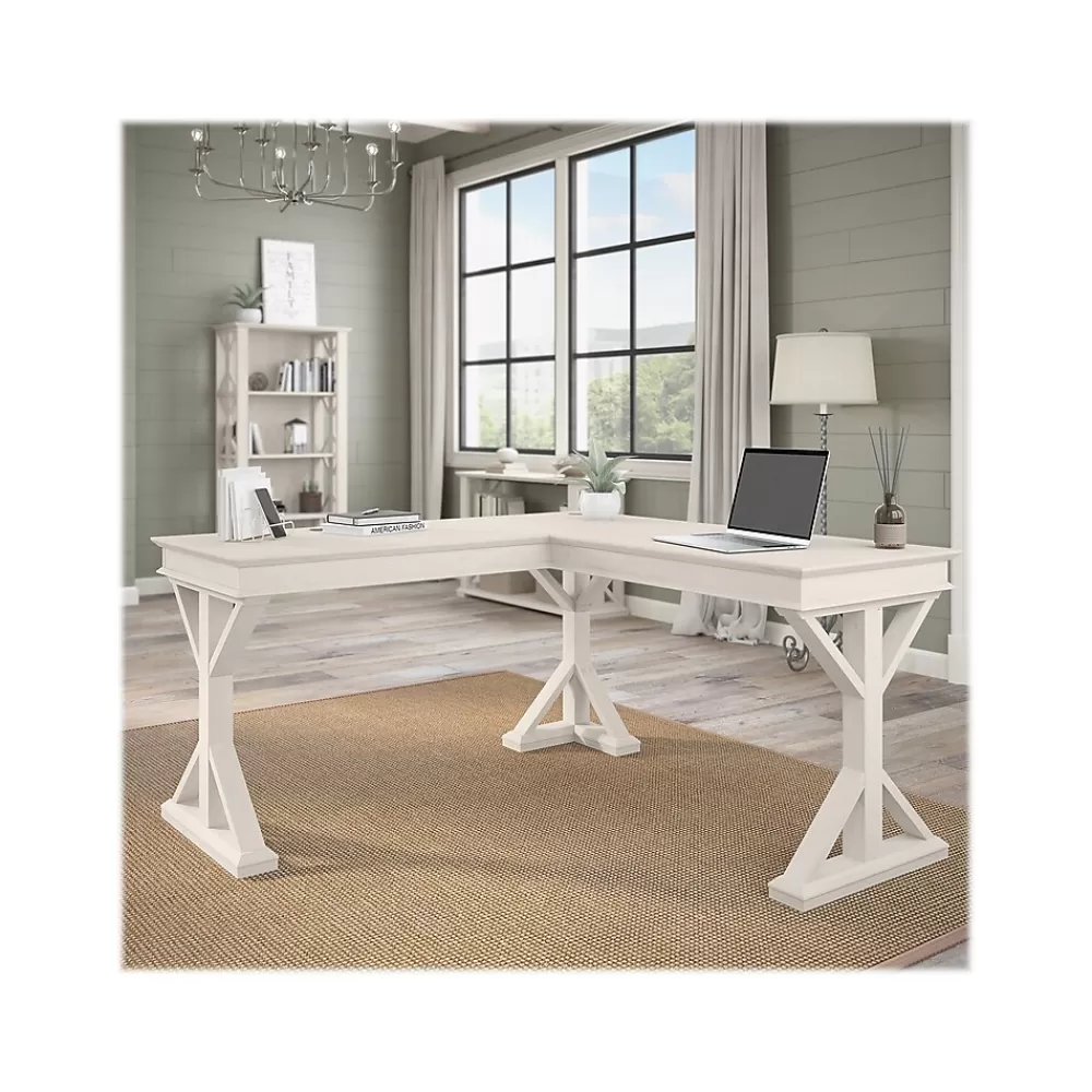 Bush Furniture Homestead 60"W Farmhouse L Shaped Desk, Linen White Oak (HOD160LW-03K) Clearance