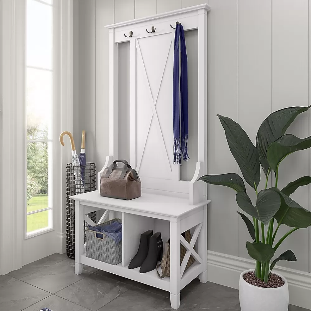 Bush Furniture Key West 66" Hall Tree with Shoe Storage Bench, Pure White Oak (KWS166WT-03) Cheap