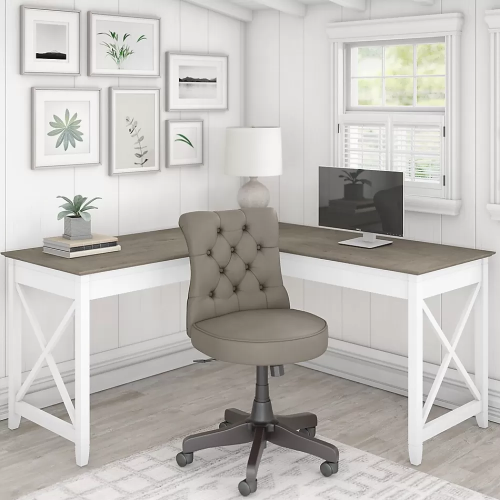Bush Furniture Key West 60" L-Shaped Desk with Mid-Back Tufted Office Chair, Shiplap Gray/Pure White (KWS045G2W) Fashion