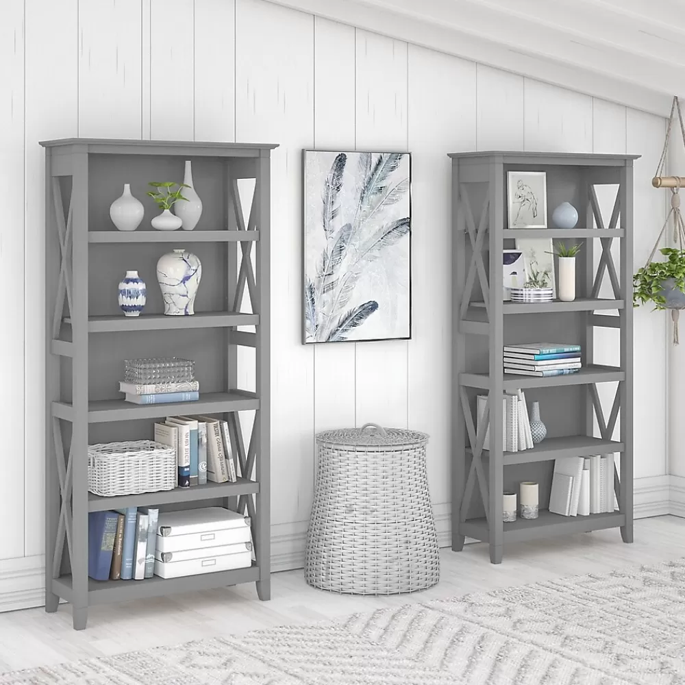Bush Furniture Key West 66"H 5-Shelf Bookcase with Adjustable Shelves, Cape Cod Gray Laminated Wood, 2/Set (KWS046CG) Hot