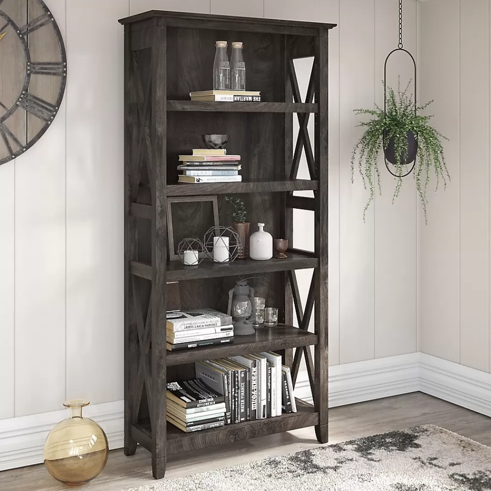 Bush Furniture Key West 66"H 5-Shelf Bookcase with Adjustable Shelves, Dark Gray Hickory Wood (KWB132GH-03) Online