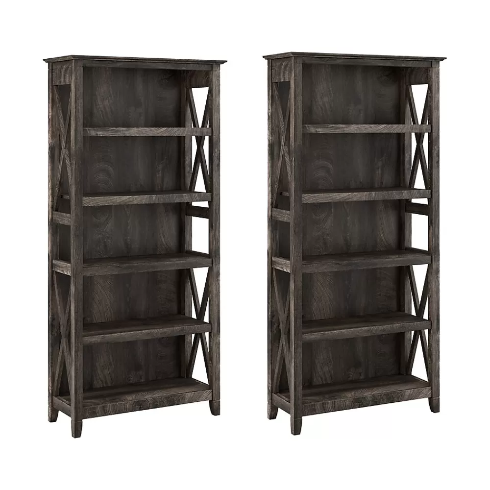 Bush Furniture Key West 66"H 5-Shelf Bookcase with Adjustable Shelves, Dark Gray Hickory Wood, 2/Set (KWS046GH) Fashion