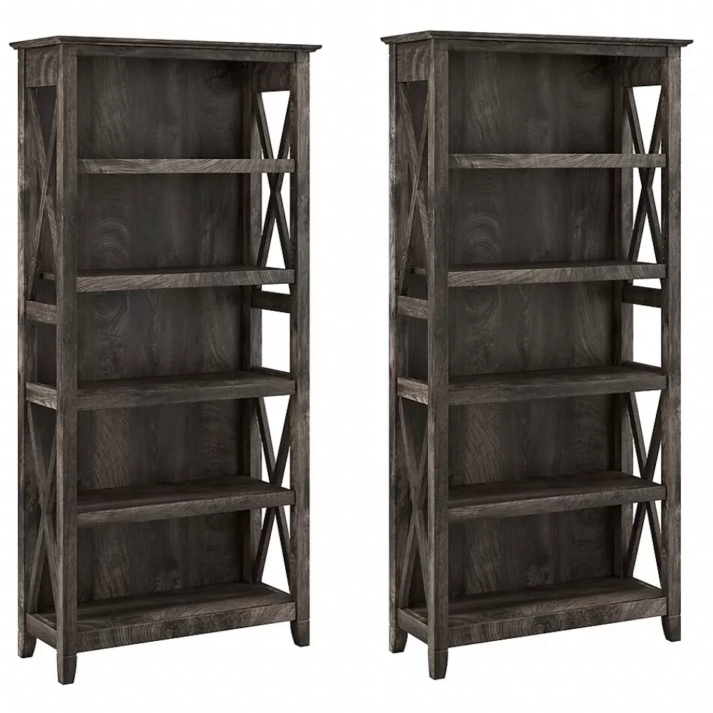 Bush Furniture Key West 66"H 5-Shelf Bookcase with Adjustable Shelves, Dark Gray Hickory Wood, 2/Set (KWS046GH) Fashion
